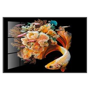 الحديثة نمط الحيوان الذهبي أسماك و المرجان الخزف المصنوع من الكريستال اللوحة خلفية سوداء اللون البرتقالي عالية لامعة ل جدار الفن - Product Image 1