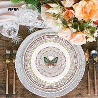 Assiettes de luxe pour mariage, papillons et insectes, vaisselle élégante verte et rose pour mariage, service de table en porcelaine fine