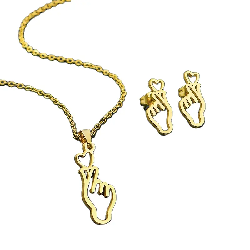 Kp Hot sale popular Stainless Steel Hip Hop Heart Pendant Bear Necklace Earrings 2 PCS Set Geometry Shape for Women Jewelry