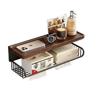 Support mural <span class=keywords><strong>double</strong></span> niveau en bois de noyer style vintage de luxe léger, sans perçage, pour papier toilette et rangement de salle de bain - Product Image 1