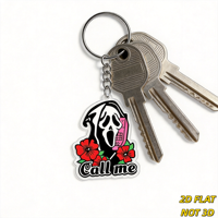 Call Me Ghost sleutelhanger schreeuwend masker met roze telefoon en rode bloemen acrylbedel voor sleutels, tassen, rugzakken