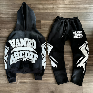 Custom Sweatsuit Manufacturer Oversized Distress Patch Embroidery Acid Wash Hoodie and Sweatpants Set Flared <strong>Tracksuit</strong> for Men - Product Image 2