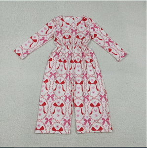 Conjuntos de monos de manga larga para el día de San Valentín para niñas con estampado de corazones y lazos rosas LR2713 - Product Image 1