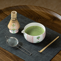 Le service à thé Matcha de palmier peint à la main comprend une cuillère à fouet en bambou et un bol en céramique accessoires mignons pour café et thé