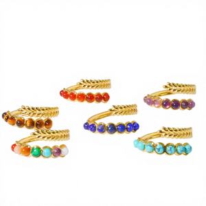 Envío Rápido Garantizado 	 Anillo Abierto Unisex Minimalista de Acero Inoxidable con Incrustaciones de Piedras Naturales de Siete Colores, Turquesa - Product Image 4