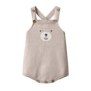 Ensemble barboteuse et bonnet en tricot 100% coton <span class=keywords><strong>original</strong></span> motif ourson, beige, avec bretelles croisées et bonnet pompon, tenue chaude d'hiver pour bébé et tout-petit - Product Image 5