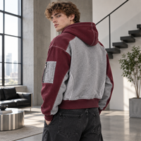 Sweat à capuche zippé personnalisé pour homme, coupe courte, color block, broderie chenille, logo personnalisé pour un style rétro streetwear