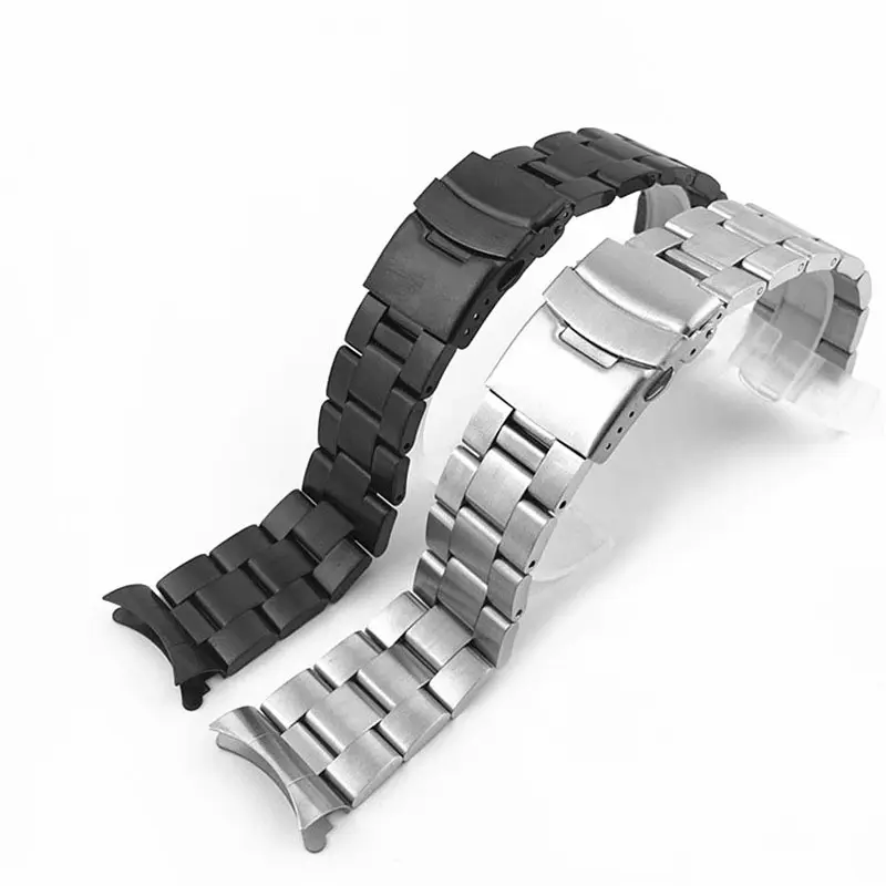 Металлический ремешок SKX 007 для наручных часов, матовый браслет из нержавеющей стали с изогнутым концом, серебристо-черный цвет, 20 мм 22 мм