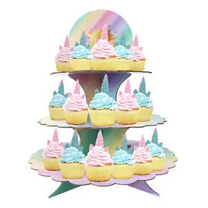 独角兽生日派对装饰品用品马车纸纸板独角兽派对装饰品3层纸杯蛋糕架蛋糕礼帽