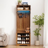 Porte-manteau d'entrée en bois de noyer de style Mid-Century avec banc, bande lumineuse LED, 5 crochets et étagères à chaussures réglables