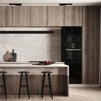 Armoire de cuisine haut de gamme en contreplaqué robuste résistant à l'humidité, finition élégante en grain de bois, placage bois