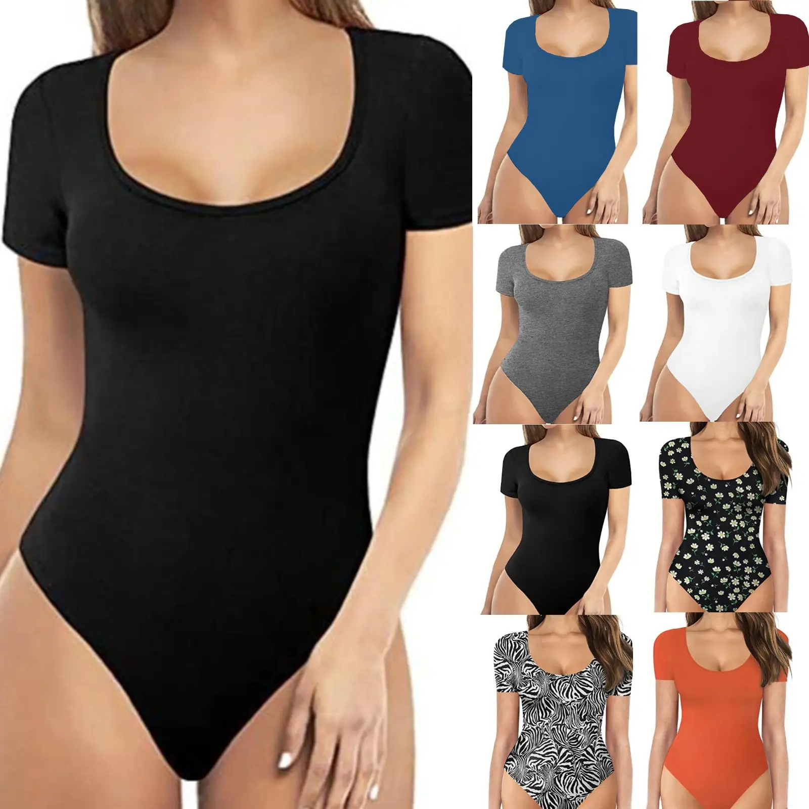Wholesale Women's Short Sleeve Bodysuits Bodycon Stretchy Round Neck Sexy Jumpsuit One Piece Yoga Romper