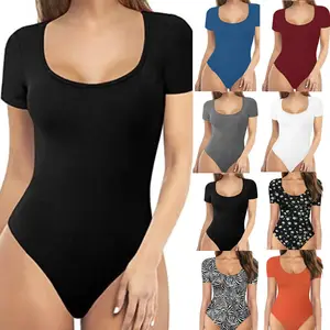 Bán Buôn Của Phụ Nữ Ngắn Tay Áo Bodysuits Bodycon Co Giãn Vòng Cổ Sexy Jumpsuit Một Mảnh Yoga Romper