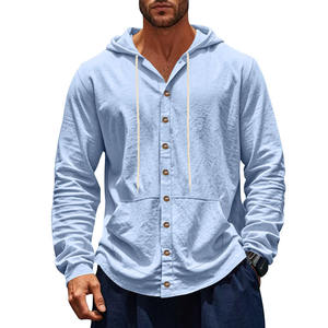 Chemise à manches longues à capuche bleu clair pour homme, en lin respirant, décontractée, pour la plage, design simple, printemps automne, coupe ample, protection solaire - Product Image 1