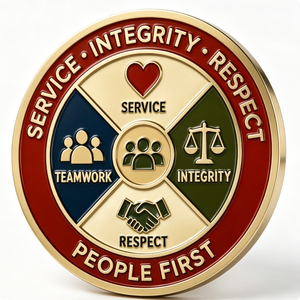 Service Integrity Respect Medal Gold Plated Zinc Alloy Circular Hard Enamel Business Gift People First Teamwork Theme - Product Image 1
