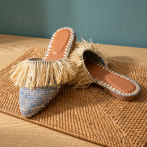 Mules en raphia faites à la main, à franges, bout pointu, semelle intérieure en cuir véritable respirante, motif rayé bleu et blanc, pour l'été - Product Image 4