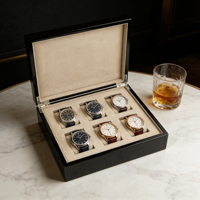 Boîte de présentation de montres en bois haute brillance personnalisée, 6 emplacements, insert en daim, charnière métallique pour l'emballage de marques de montres de luxe et la collection personnelle