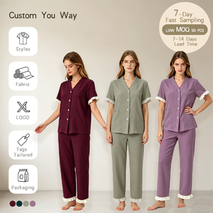 Women's Sexy Summer/Autumn Short-Sleeved V-Neck Pajama Set Elastic Waistband Soft Breathable Woven Fabric Casual Loungewear
