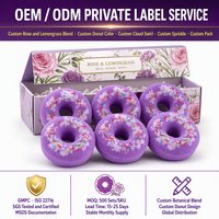 Coffret de 6 bombes de bain personnalisées en forme de donut, parfum rose et citronnelle, 60g, hydratantes et aromatiques, avec motif tourbillon nuage violet, en boîte cadeau OEM