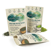 Sachets personnalisés refermables pour thé vert en poudre, emballage alimentaire, sacs en plastique à fond plat de qualité alimentaire