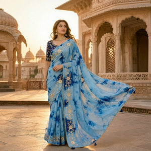 CHOHAN TEXTILE Sari en soie chiffon bleu tie-dye shibori avec broderie dorée, style vintage, longueur ras du sol, pour femme, tenue de soirée, tradition indienne - Product Image 1