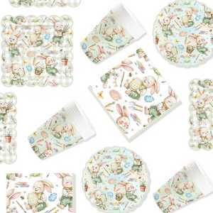 DAMAI - Vajilla de Papel para Fiesta de Pascua, Platos, Vasos y Servilletas con Diseño de Conejo Verde y Flores Primaverales, para 8 Personas - Product Image 5