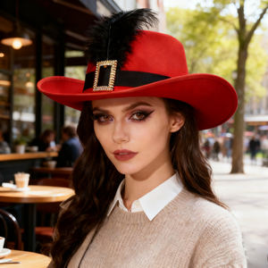 Sombrero de vaquero de plumas rojas y negras, decoración de Halloween, cinta con hebilla dorada, sombrero de fiesta, sombrero de mosquetero, uso deportivo en la playa, venta al por mayor - Product Image 3