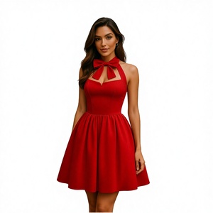 Elegant Red Bow Neck A-Line Mini <b>Dress</b> with Natural Waist Cute Summer <b>Teen</b> <b>Prom</b> Party Wear Sleeveless Crepe 100% Polyester - Product Image 3