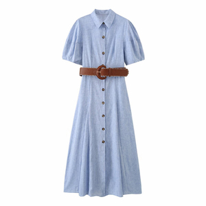 Vestido Camisero Personalizado 2026 para Mujer, Versátil, con Mangas Abullonadas, Cuello Solapa, Cinturón, Manga Corta, Botones al Frente, OEM/ODM por Fábrica China, Estilo Vintage - Product Image 1