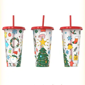 Lelyi Christmas New 710ML Large Capacity PP Plastic Color Changing Straw Cup