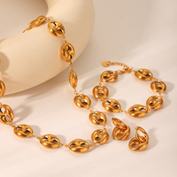 Ensemble de bijoux pour femmes style Ins avec maillons en forme de nez de cochon |   Collier, bracelet et boucles d'oreilles en acier inoxydable plaqué or creux