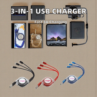 Kabel Data USB Pengisi Daya Portabel 3-in-1 Retractable dengan Logo Kustom CE Factory, Pengisian Cepat, untuk IOS Android, Selubung PVC Komposit