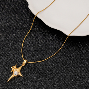 Collar con Colgante de Cristal de Alta Calidad con Corte Corazón Brillante y Doble Estrella, Chapado en Oro de 18K, Cadena de Serpiente de Acero Inoxidable 316L, Moderno - Product Image 2