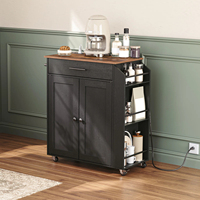 Chariot de cuisine roulant avec prise électrique, finition grain de bois noir, étagère à épices, tiroirs et portes, rangement de cuisine sur roulettes