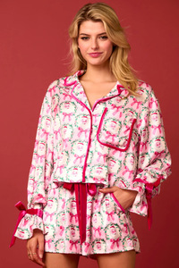 Conjunto de <span class=keywords><strong>Pijamas</strong></span> Navideños para Mujer SMOOTH, Ropa de Dormir de Manga Larga y Pantalones Cortos para Otoño e Invierno con Diseño de Puños con Lazo - Product Image 6