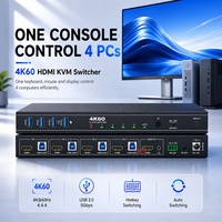 Conmutador KVM HDMI 4K60 de 2 Puertos, Conmutador USB 3.0 de 4 Puertos para Compartir Teclado, Ratón y Monitor con Control Remoto IR RS232