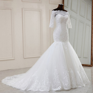 Mermaid Wedding Dress Off-the-Shoulder Scalloped Neckline White Polyester Vintage Style for Petite Brides - Product Image 2