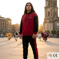 Ensemble de sweats à capuche en coton 450 GSM avec broderie aztèque color block pour hommes, personnalisable OEM, rouge cramoisi et or, style streetwear mexicain, ensemble assorti, MOQ50