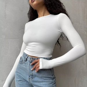 <span class=keywords><strong>T</strong></span>-shirts basiques d'automne pour femmes Spandex Cotton O-neck Long Sleeve Crop Tops Hot Girls Slim Stretch Slim Tee Shirts Custom Logo - Product Image 1
