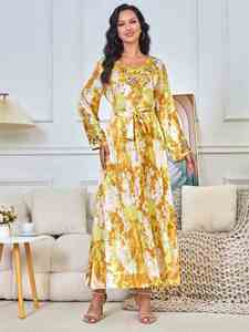 Abito Lungo Elegante da Donna Musulmana con Stampa, Scollo a V e Ampia Gonna, Stile Dubai Turchia Medio Oriente, <span class=keywords><strong>per</strong></span> Cerimonia di Laurea - Product Image 5