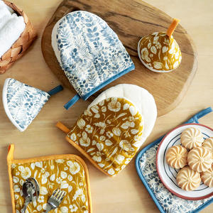 Ensemble de gants de four en coton avec couvercle de pot et set de table, motif floral, tulipes jaunes, feuilles bleues, 18 cm, pour utilisation au four - Product Image 2