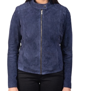 Chaqueta de motorista de gamuza azul marino para mujer, hecha de cuero de vaca genuino suave, ropa de abrigo de moda duradera, diseño clásico, hecho a medida - Product Image 1
