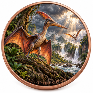 Moneda <span class=keywords><strong>de</strong></span> Cobre Fino 999 <span class=keywords><strong>de</strong></span> 1 oz, Pterosaurio del Periodo Jurásico, Relieve 3D, Color UV, Efecto <span class=keywords><strong>de</strong></span> Prueba, Rey <span class=keywords><strong>de</strong></span> los Dinosaurios, Arte en Metal - Product Image 4