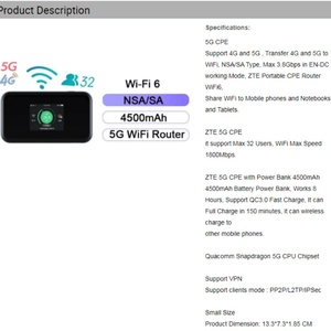 Router Inalámbrico Móvil ZTE MU5001 5G LTE Advanced - Product Image 6