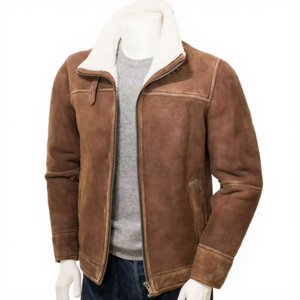 Mens Real Brown <b>Suede</b> <b>Leather</b> <b>Jacket</b> Shearling Aviator Coat Faux Fur Collar Winter Warm Fleece Custom Classic Outerwear - Product Image 1