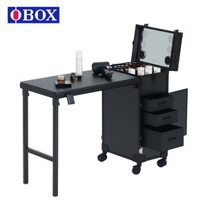 Chariot de salon Obox, valise de maquillage portable à 4 roues avec miroir lumineux, couleur unie noire - Product Image 3