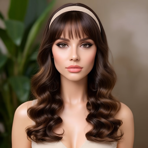 Highlight <b>Brown</b> Lace Front Synthetic <b>Wig</b> French Curl Natural Wave Middle Part Bangs 24 Inches 150% Density Heat Resistant - Product Image 3