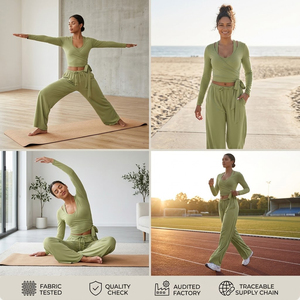 Ensemble de yoga <span class=keywords><strong>3</strong></span> pièces en polaire brossée pour femme FH, tenue de sport avec cordon de serrage et détail à nouer, idéal pour la course et le fitness, fabrication OEM - Product Image 2