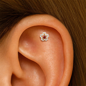 18K <b>Gold</b> Plated 925 Sterling Silver Red Garnet Flower Triangle Tassel Marquise Zircon Flat Back Threaded <b>Piercing</b> Earrings - Product Image 4