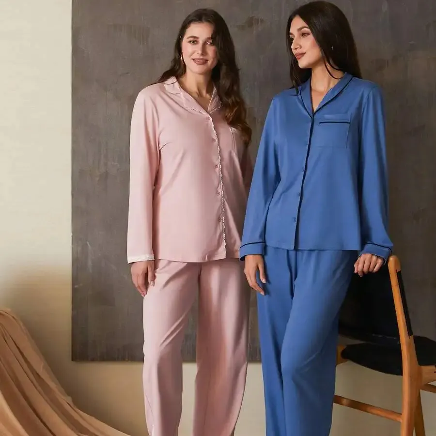 Conjunto de pijamas de manga longa para mulheres, pijamas de moda com logotipo personalizado de fábrica, 2 peças
